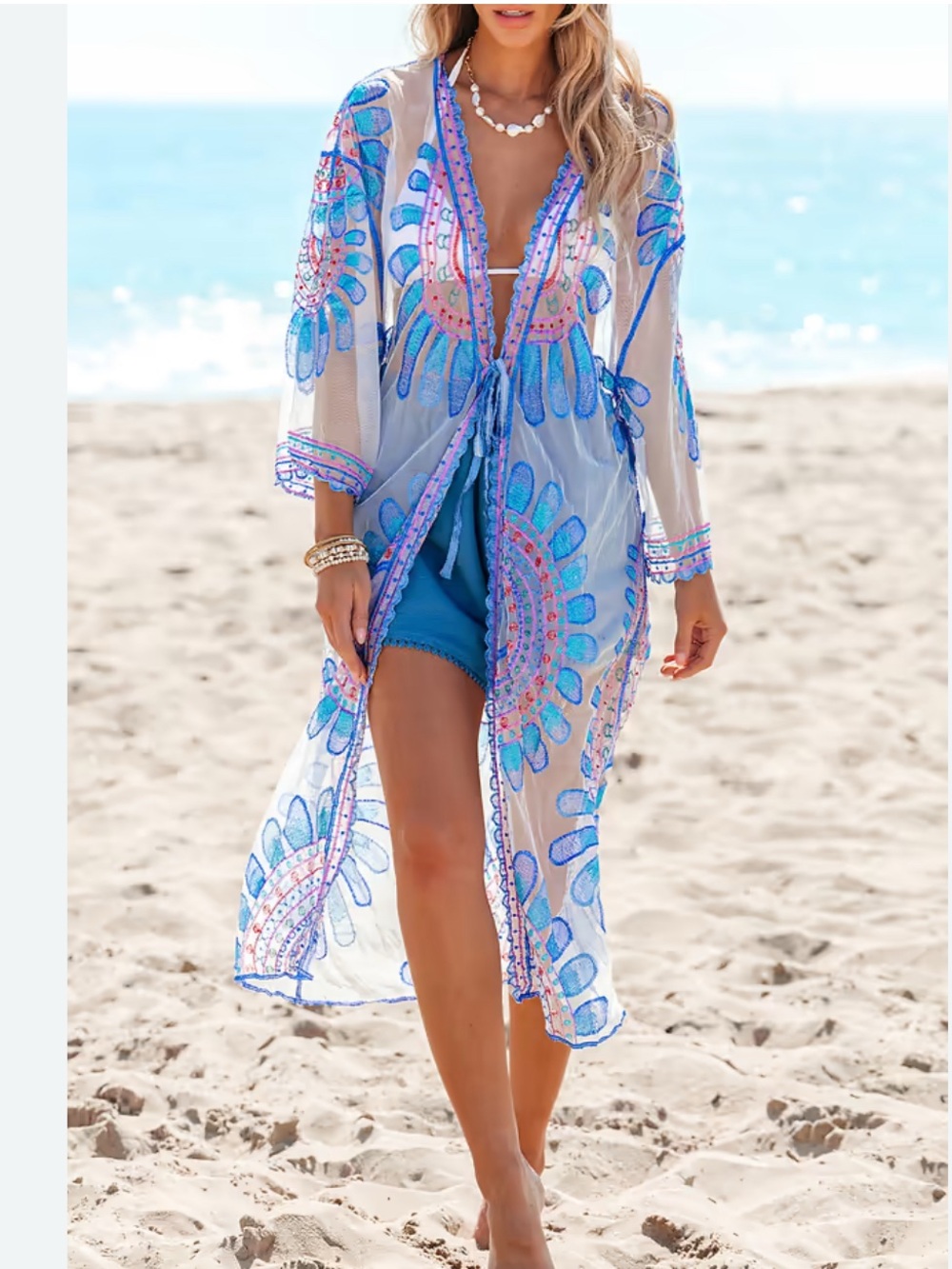 Cupshe Sheer Open Front Tie Waist Kimono Cover-Up Blue